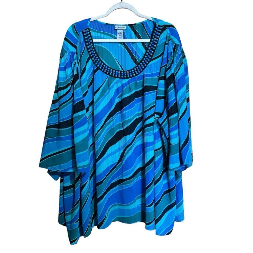 Catherines Top Womens 4X 30 32 Multicolor Swirl Embellished Neck Flowy Blouse